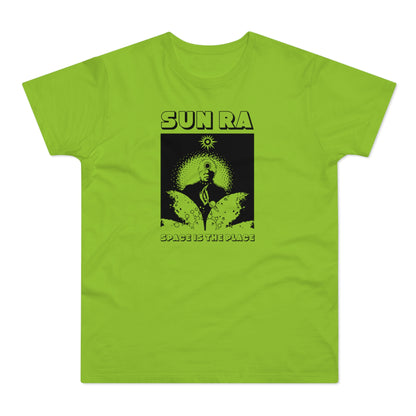 Graphic of Sun Ra with text "SUN RA" and "SPACE IS THE PLACE" on a green shirt.