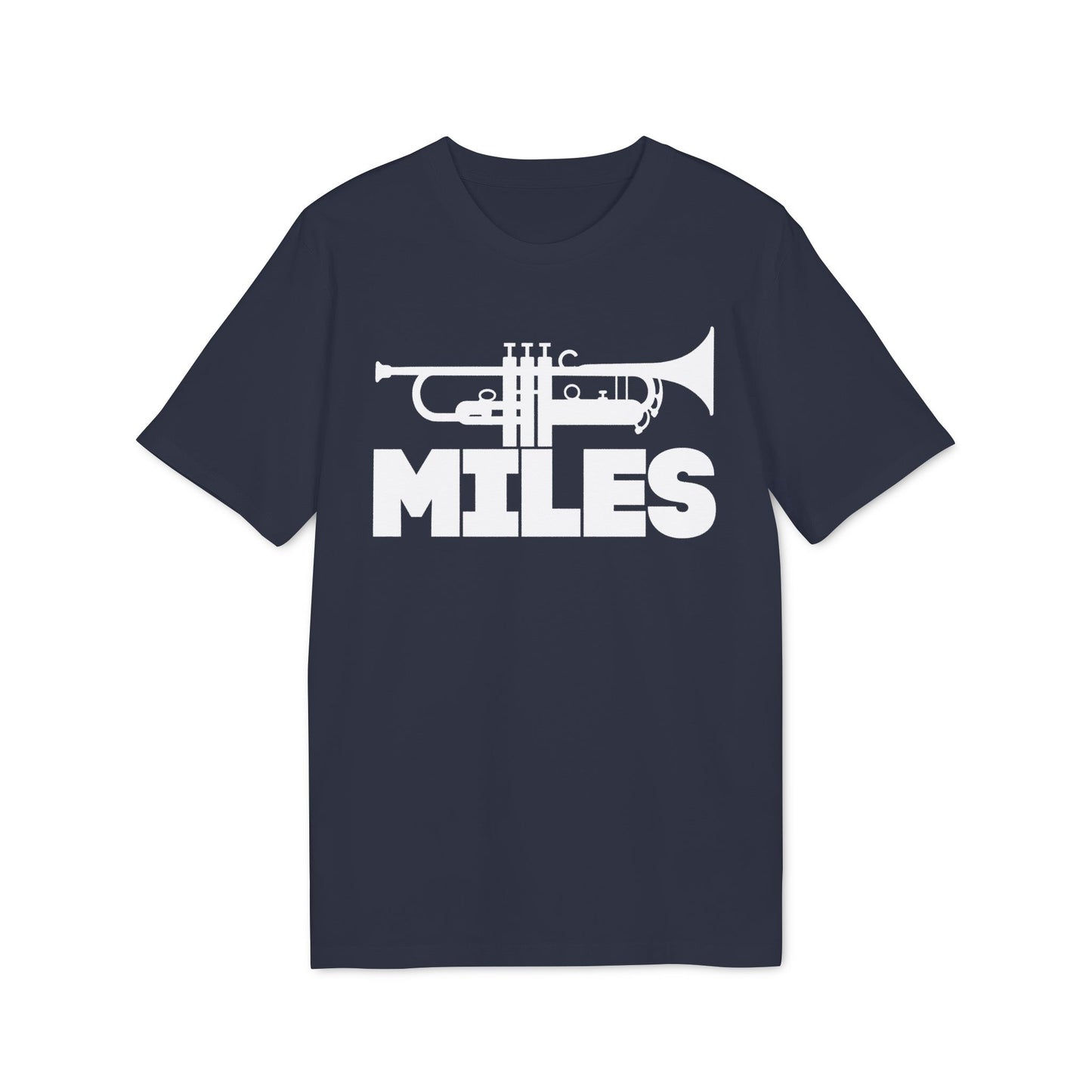 Dark blue t-shirt with white trumpet graphic and "MILES" text.