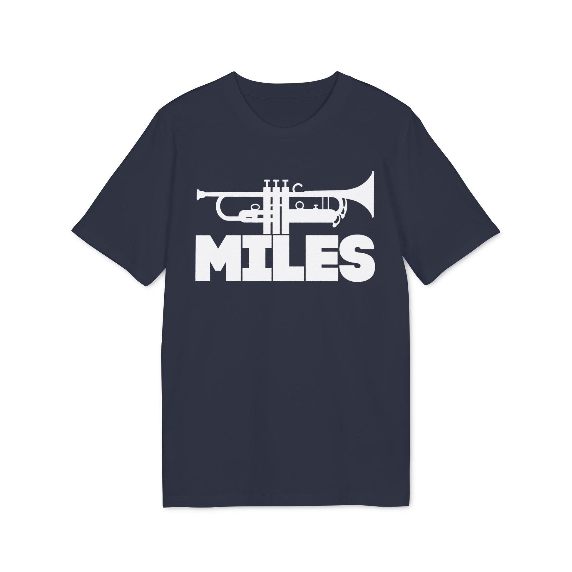 Dark blue t-shirt with white trumpet graphic and "MILES" text.