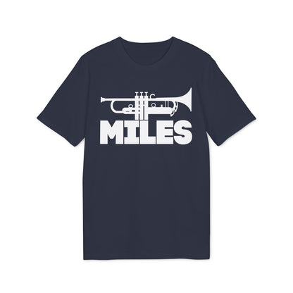 Dark blue t-shirt with white trumpet graphic and "MILES" text.