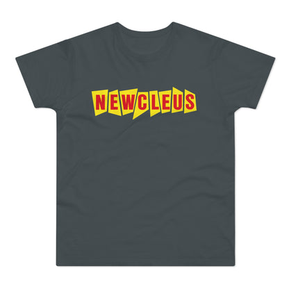 Dark gray t-shirt with yellow and red "NEWCLEUS" text design.