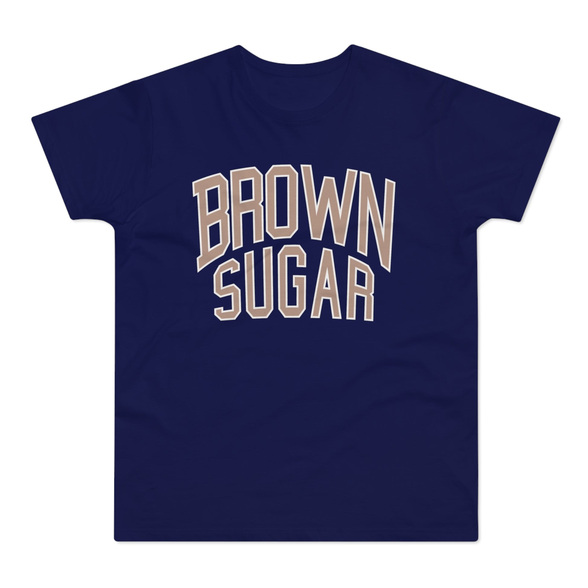 Navy t-shirt with "BROWN SUGAR" text in taupe and white outline.