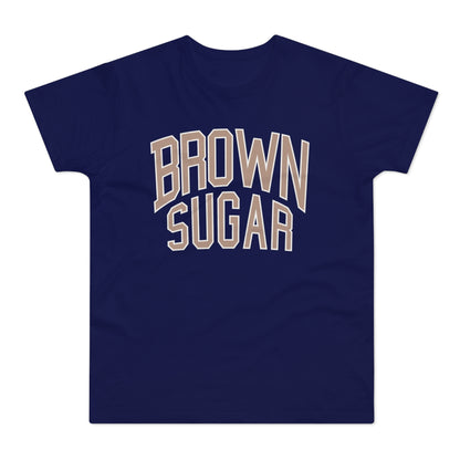 Navy t-shirt with "BROWN SUGAR" text in taupe and white outline.