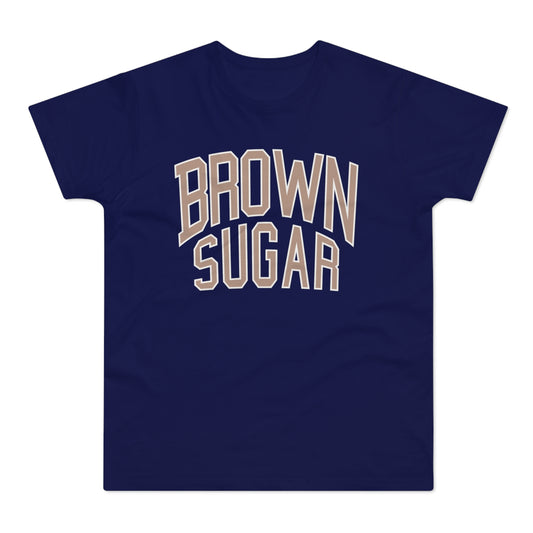 Navy t-shirt with "BROWN SUGAR" text in taupe and white outline.