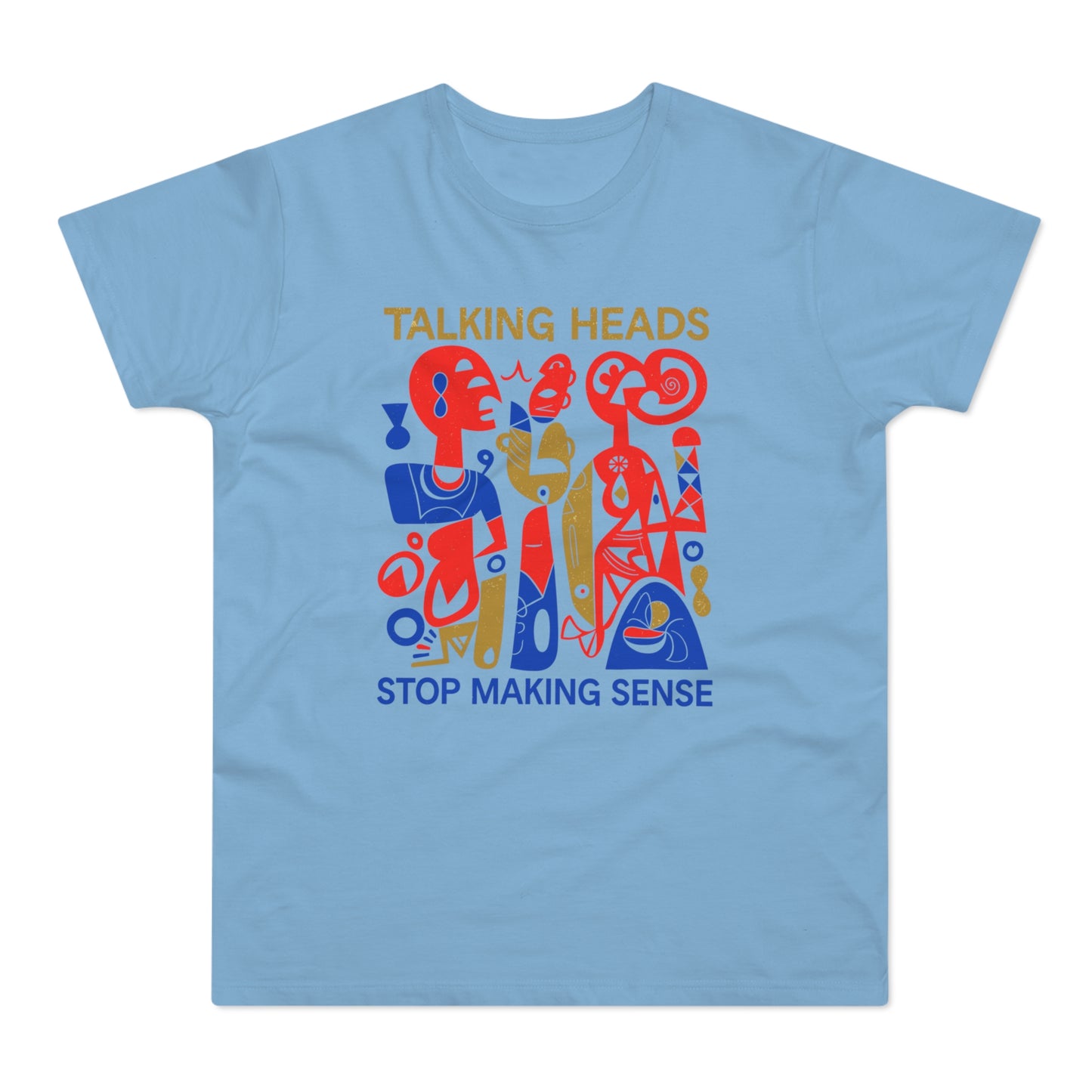 Talking Heads "Stop Making Sense" graphic on a light blue t-shirt.