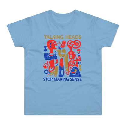 Talking Heads "Stop Making Sense" graphic on a light blue t-shirt.