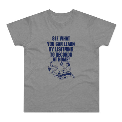 Gray t-shirt with dark blue text and graphic of a couple listening to records.