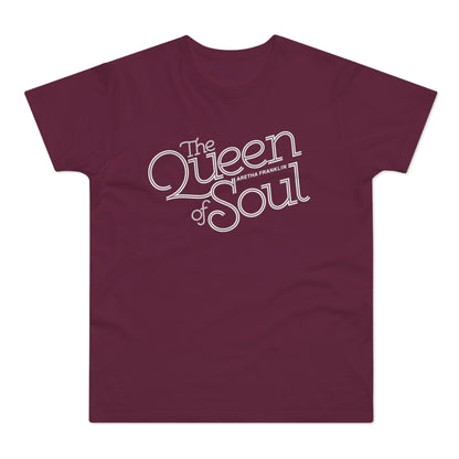 Maroon t-shirt with white text "The Queen of Soul Aretha Franklin".