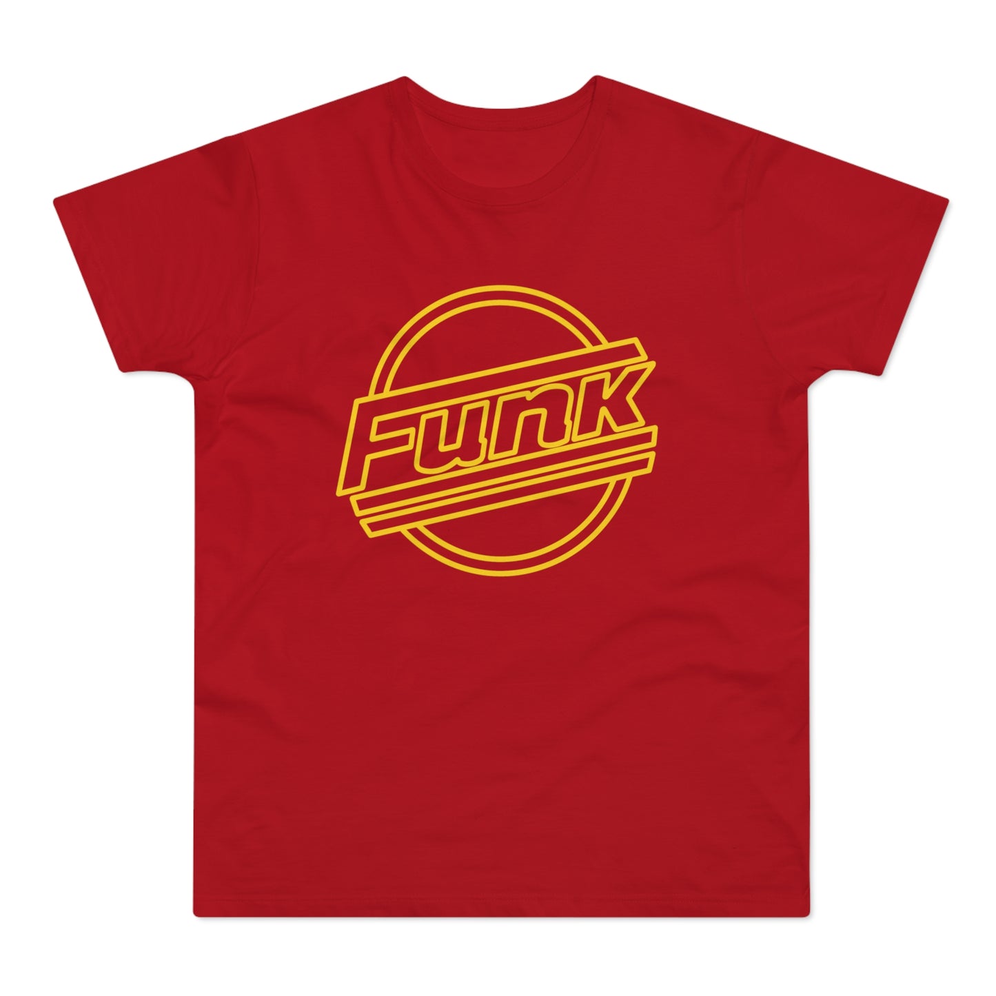 Red t-shirt with a yellow circle and angled lines graphic with the word "Funk"
