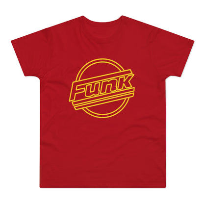 Red t-shirt with a yellow circle and angled lines graphic with the word "Funk"