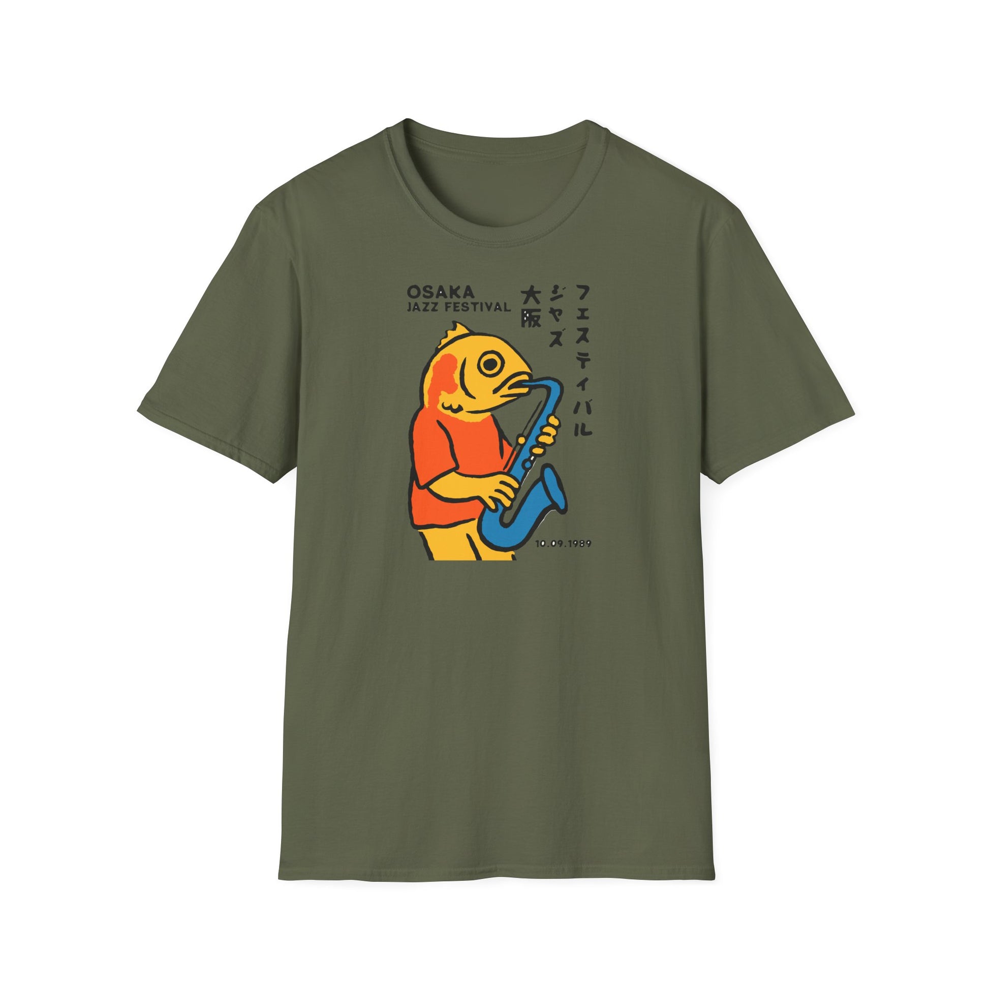 Olive t-shirt with a cartoon fish playing saxophone for Osaka Jazz Festival, 10.09.1989.