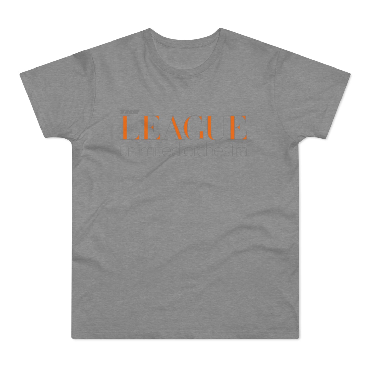 Grey t-shirt with orange text "THE LEAGUE unlimited orchestra"