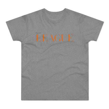 Grey t-shirt with orange text "THE LEAGUE unlimited orchestra"