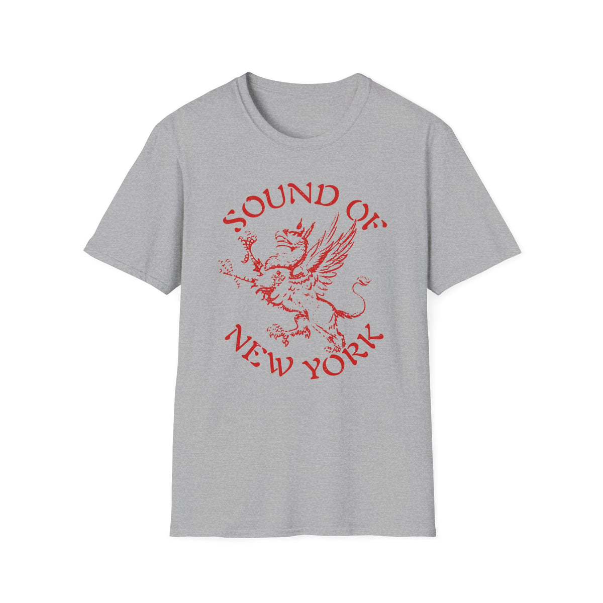 Grey t-shirt with red "Sound of New York" text and a griffin graphic.