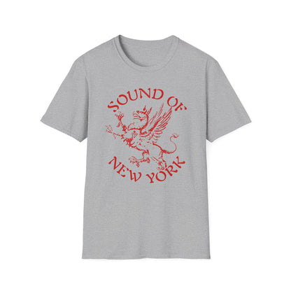 Grey t-shirt with red "Sound of New York" text and a griffin graphic.
