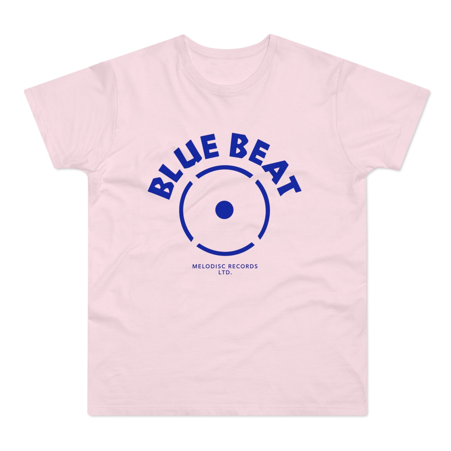 Pink t-shirt with blue "BLUE BEAT" text and record label graphic.