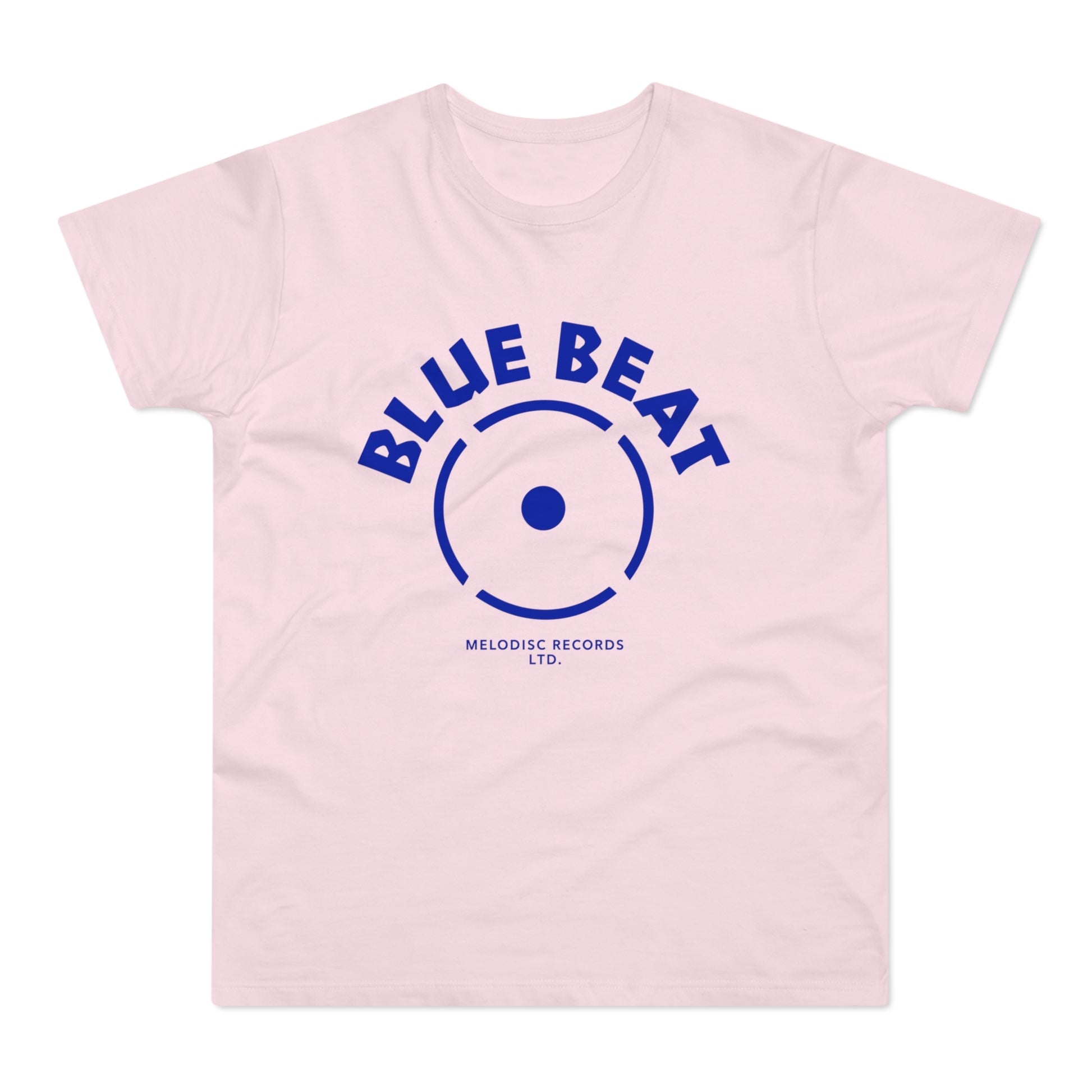 Pink t-shirt with blue "BLUE BEAT" text and record label graphic.
