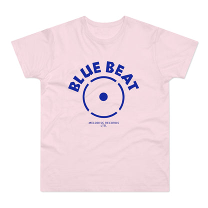 Pink t-shirt with blue "BLUE BEAT" text and record label graphic.
