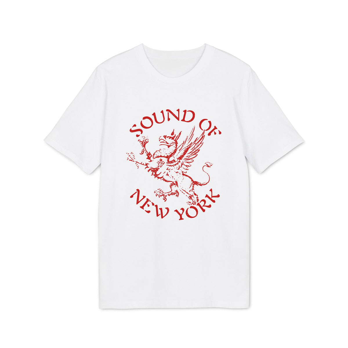 White t-shirt with red graphic of a winged lion and text "SOUND OF NEW YORK".