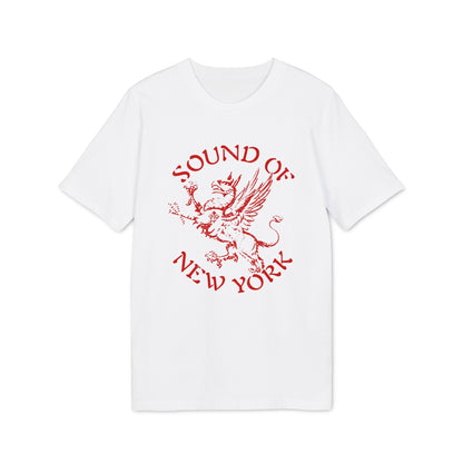 White t-shirt with red graphic of a winged lion and text "SOUND OF NEW YORK".