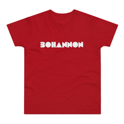 Red t-shirt with white "BOHANNON" text and geometric shapes.