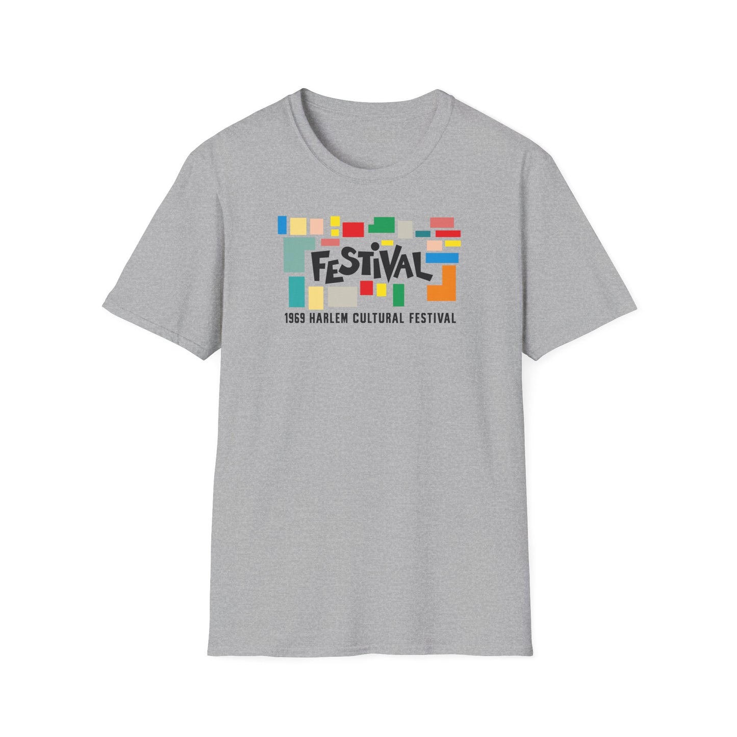 Grey t-shirt with colorful "FESTIVAL 1969 HARLEM CULTURAL FESTIVAL" graphic.
