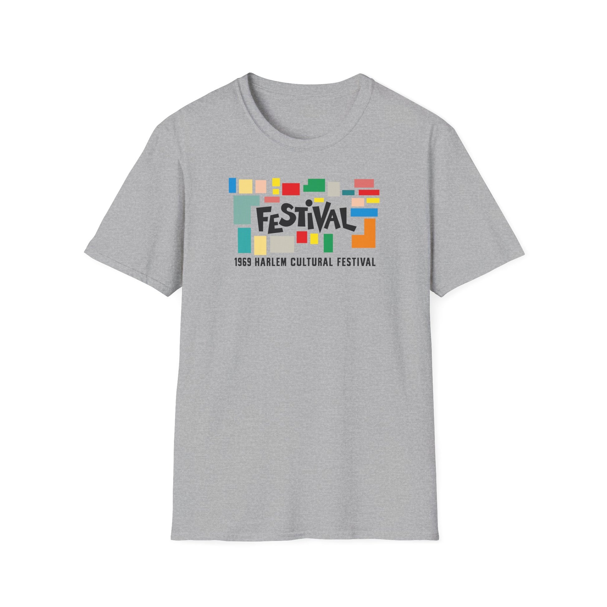 Grey t-shirt with colorful "FESTIVAL 1969 HARLEM CULTURAL FESTIVAL" graphic.