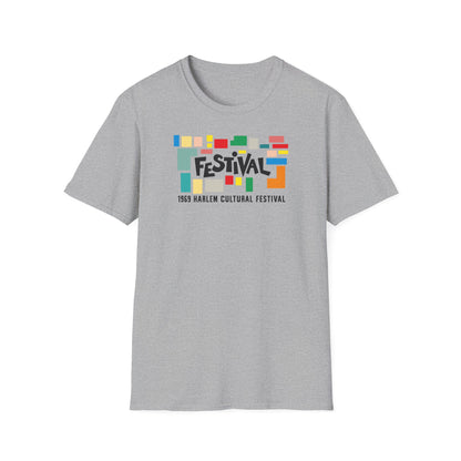 Grey t-shirt with colorful "FESTIVAL 1969 HARLEM CULTURAL FESTIVAL" graphic.