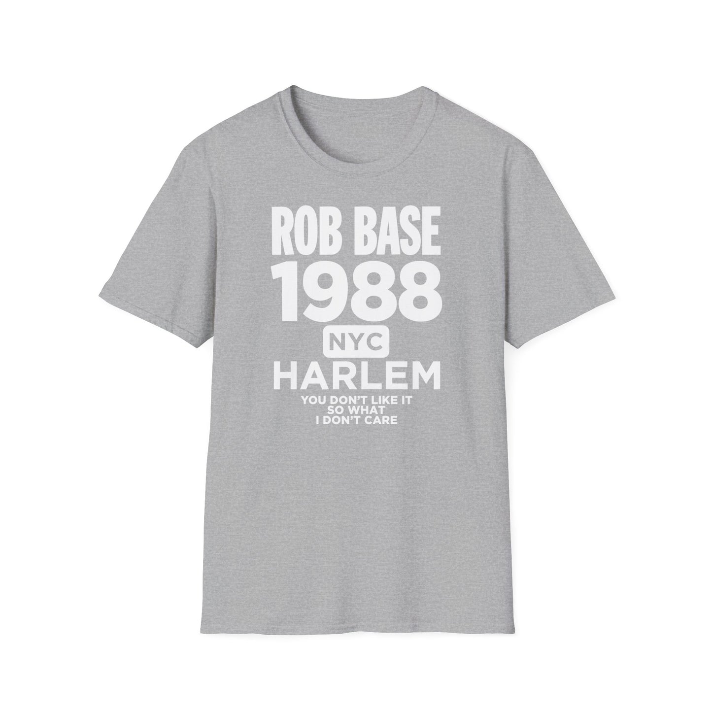 Grey t-shirt with Rob Base 1988 NYC Harlem text.