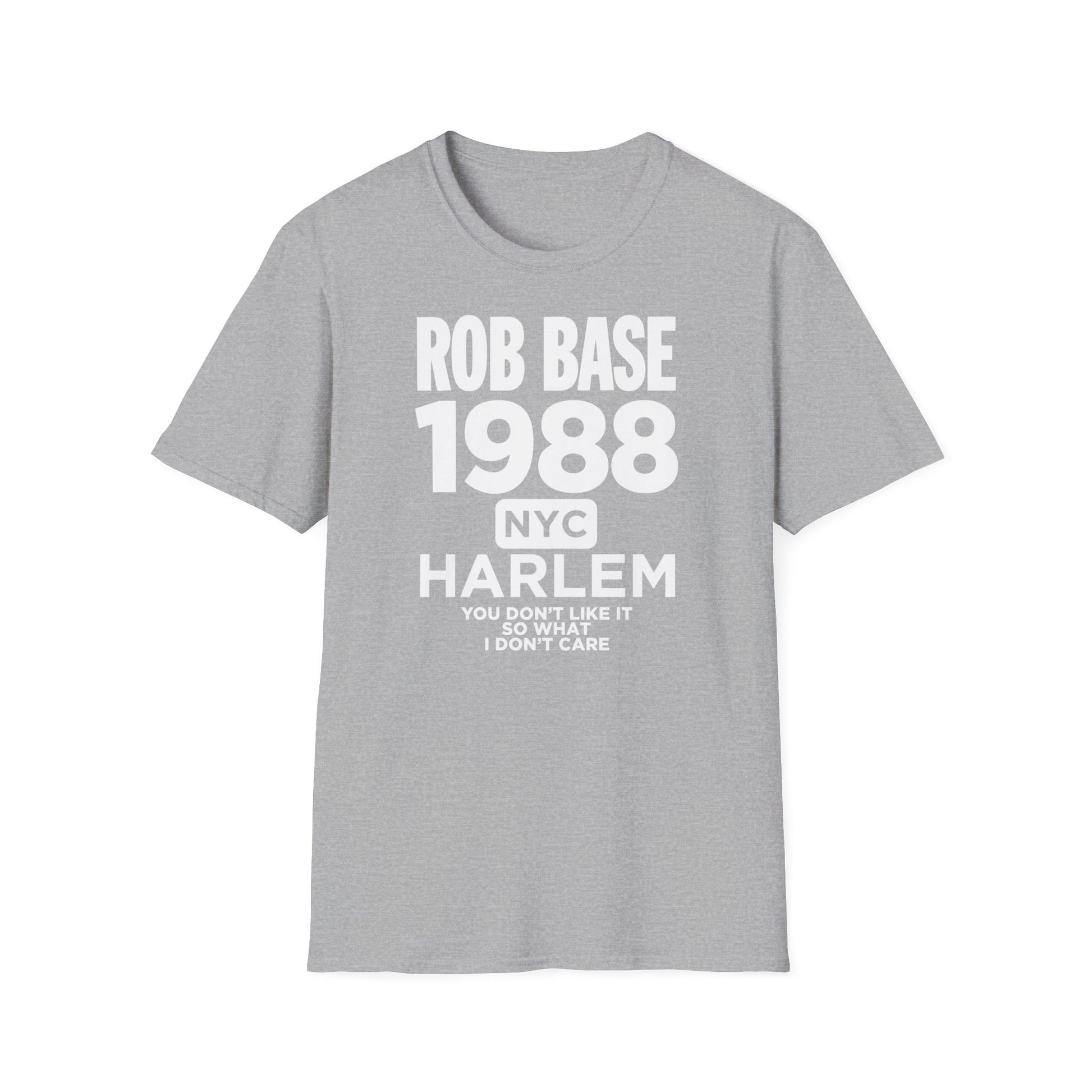 Grey t-shirt with Rob Base 1988 NYC Harlem text.