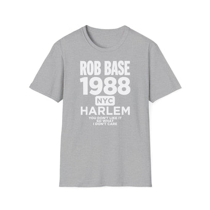 Grey t-shirt with Rob Base 1988 NYC Harlem text.