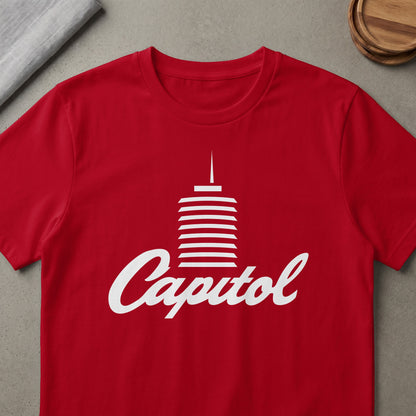 Red t-shirt with white Capitol Records building logo and script text.