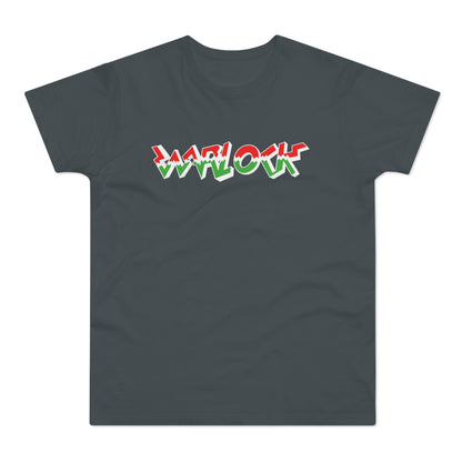 Dark grey t-shirt with white, red, and green "WARLOCK" text.