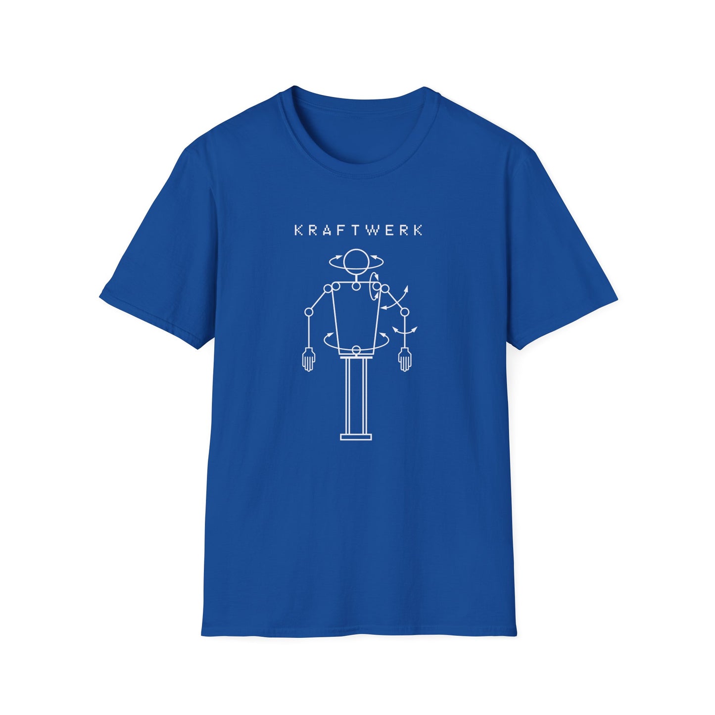 Blue t-shirt with white Kraftwerk text and robot graphic.