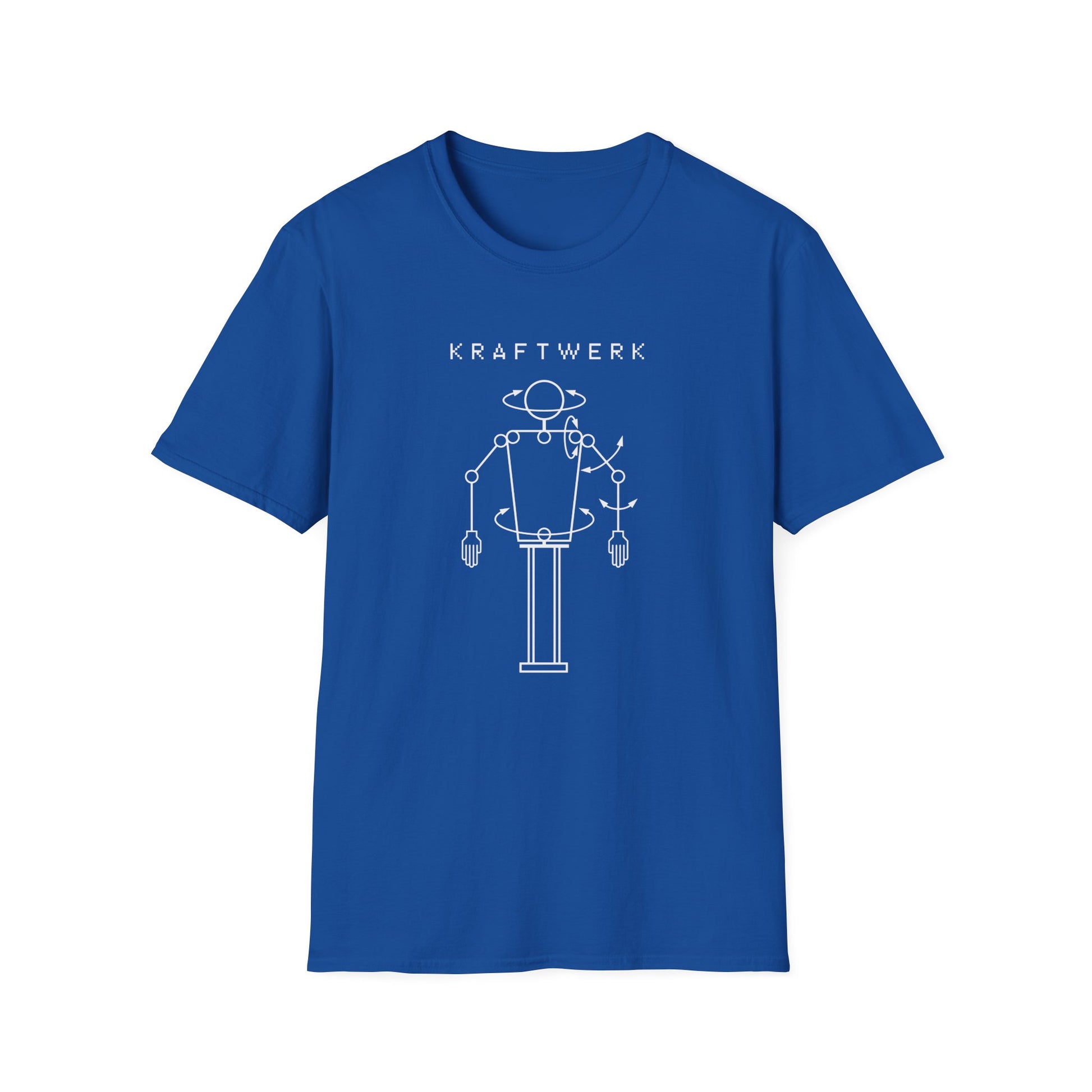Blue t-shirt with white Kraftwerk text and robot graphic.