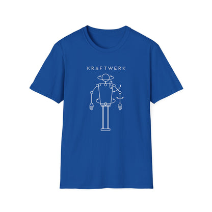 Blue t-shirt with white Kraftwerk text and robot graphic.