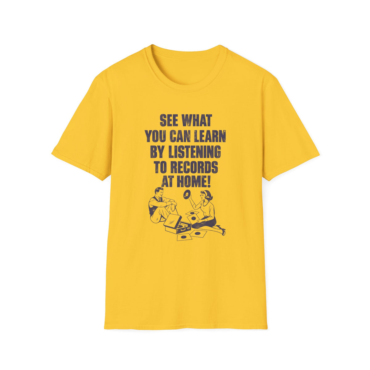 Yellow t-shirt with text and illustration of couple listening to records.