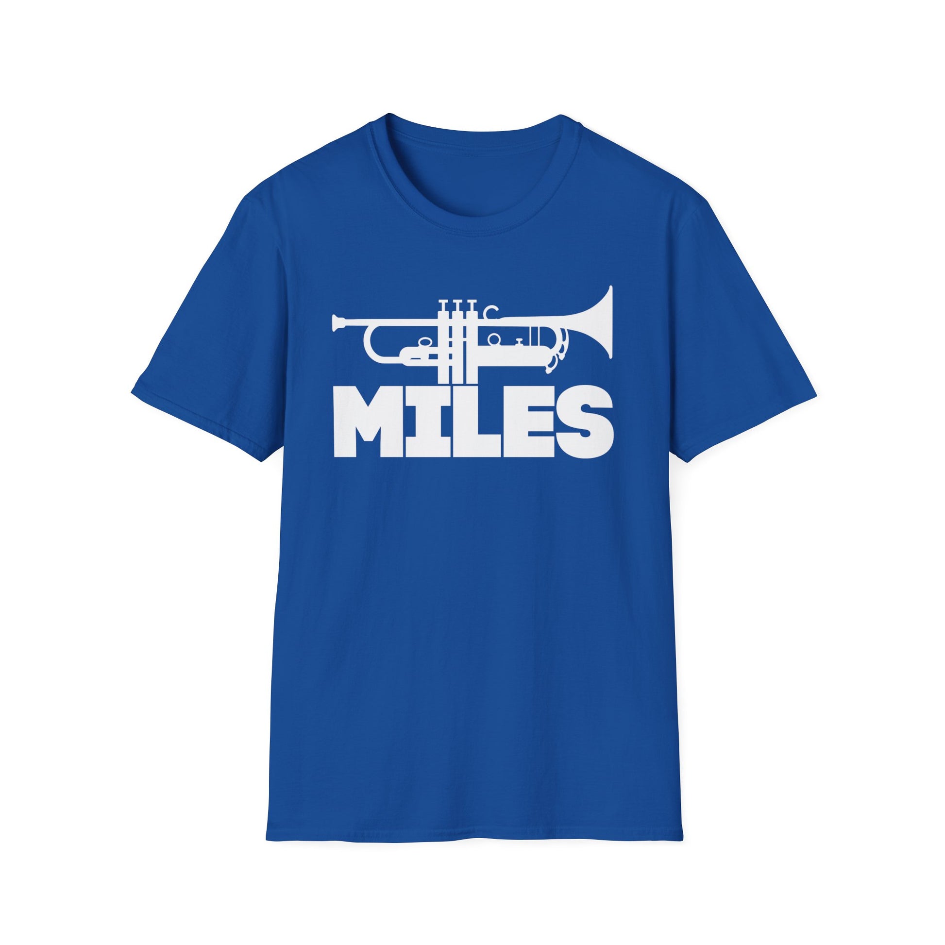 Blue t-shirt with white trumpet graphic and "MILES" text.