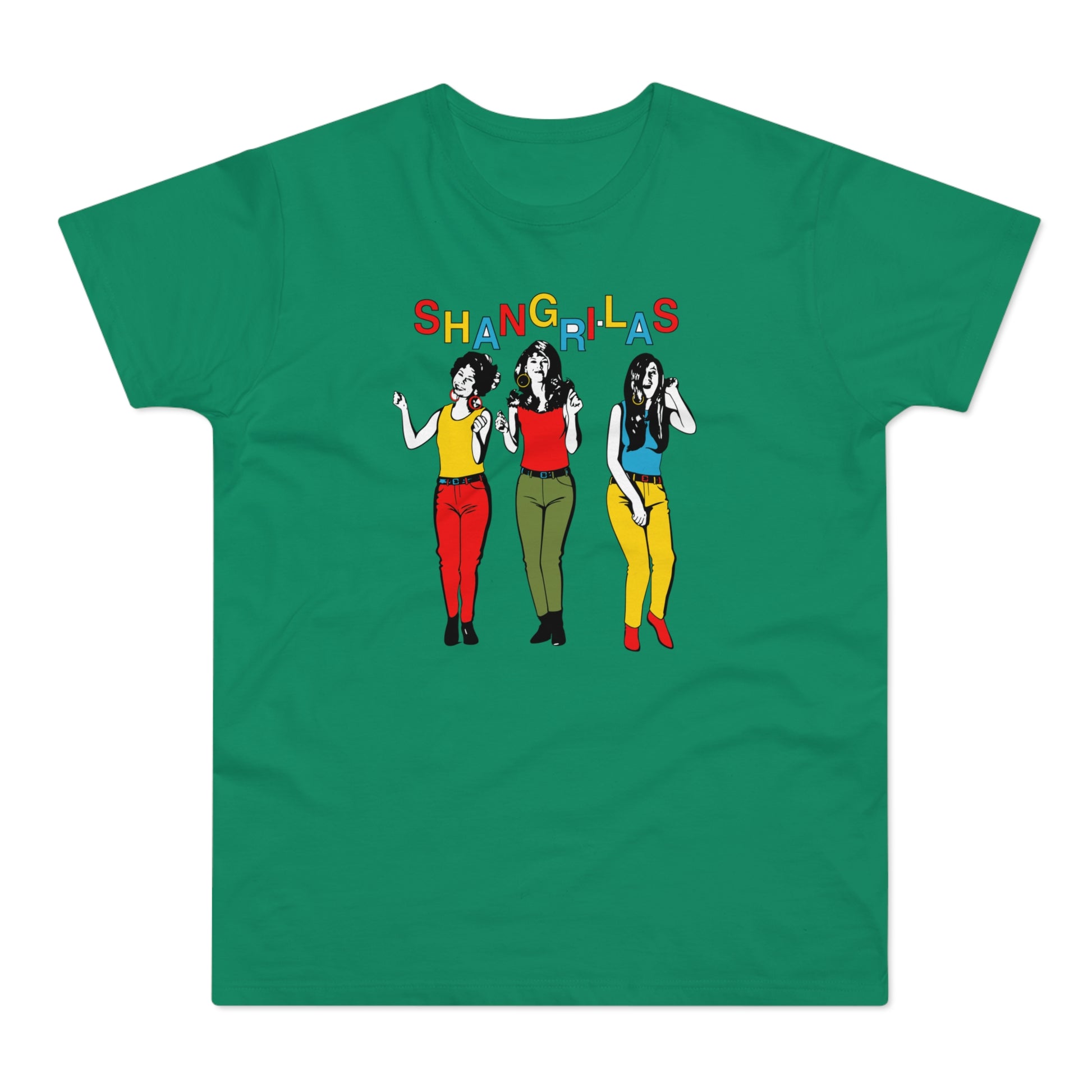Shangri-Las text above three cartoon women in colorful outfits on a green t-shirt.