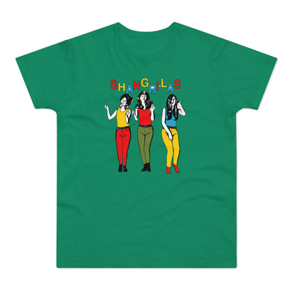 Shangri-Las text above three cartoon women in colorful outfits on a green t-shirt.