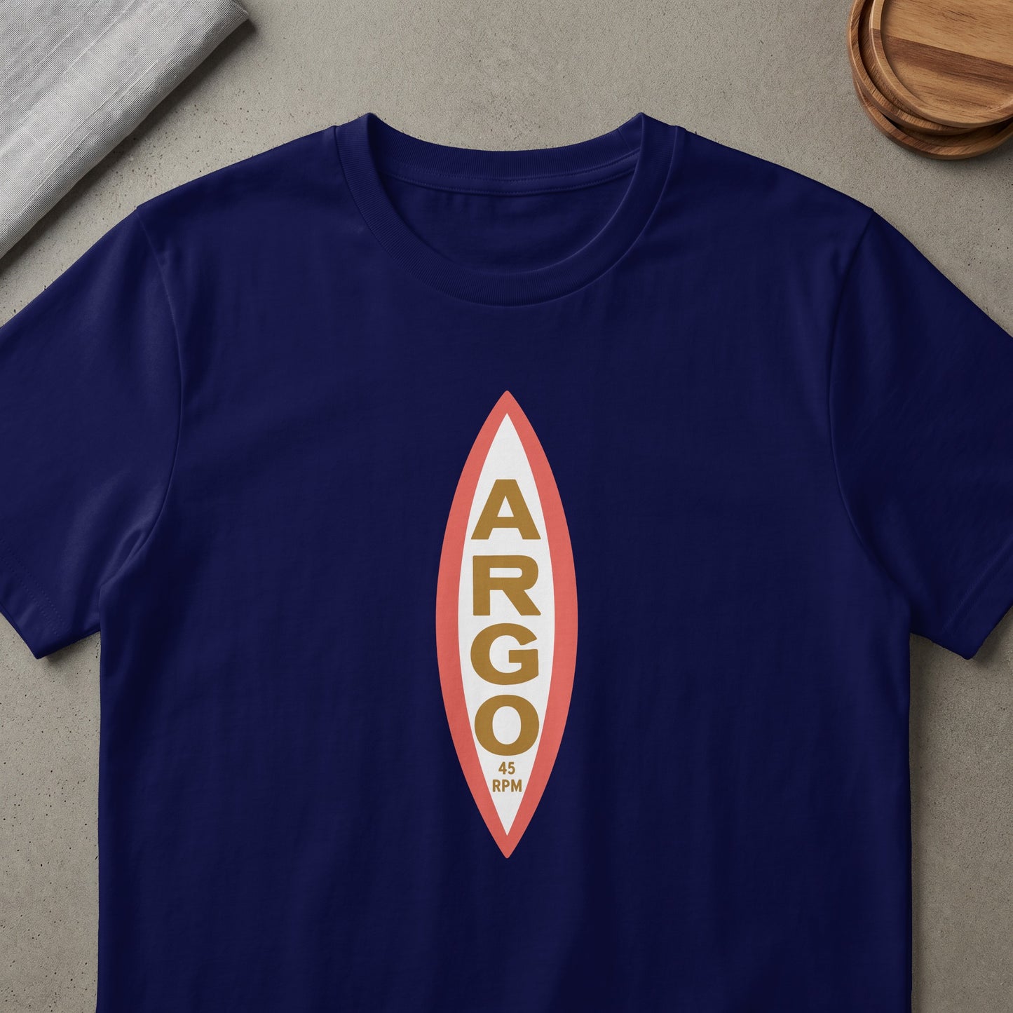 Navy t-shirt with vertical "ARGO" logo and "45 RPM" text.