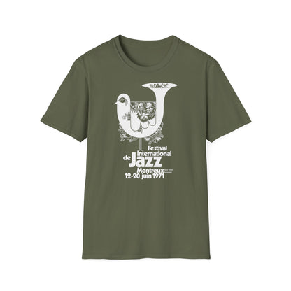 Montreux Jazz Festival 1971 t-shirt with stylized bird and trumpet graphic.