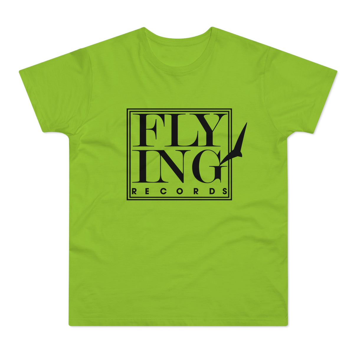 Lime green short-sleeved t-shirt featuring a black framed logo with the text FLYING RECORDS.