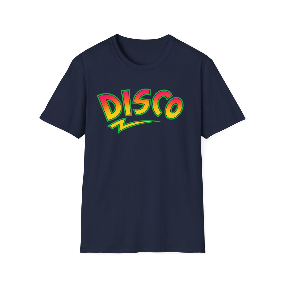 Navy t-shirt with colorful "DISCO" text graphic and lightning bolt design.