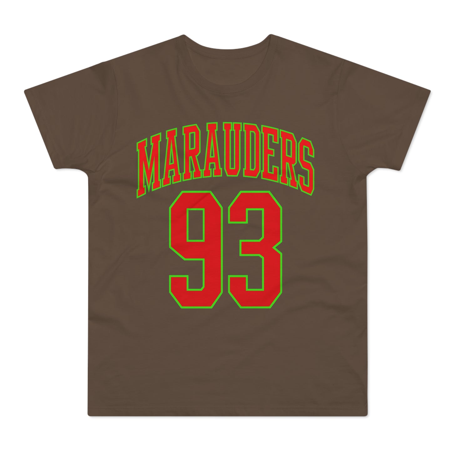 Brown t-shirt with red and green "MARAUDERS 93" graphic print.