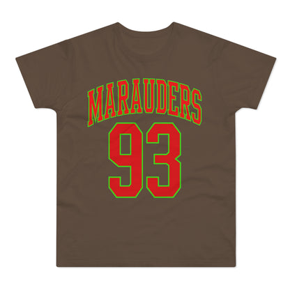 Brown t-shirt with red and green "MARAUDERS 93" graphic print.