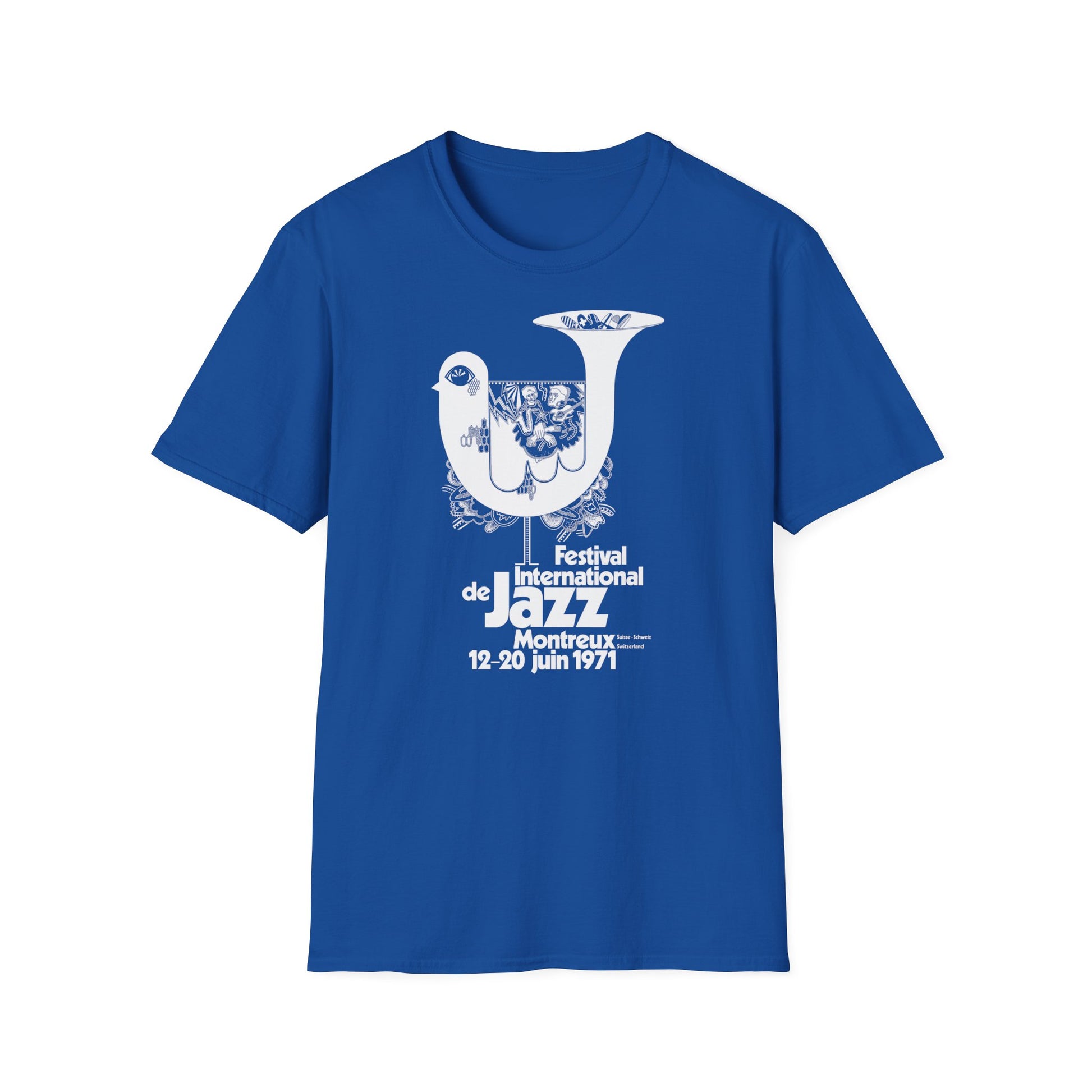 Royal blue t-shirt with white graphics for Montreux Jazz Festival 1971.