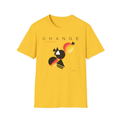 Yellow t-shirt with "CHANGE" and "THE GLOW OF LOVE" text and abstract geometric graphic.