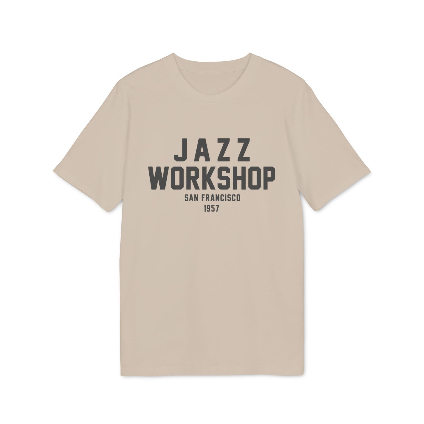 Beige t-shirt with "Jazz Workshop San Francisco 1957" graphic.