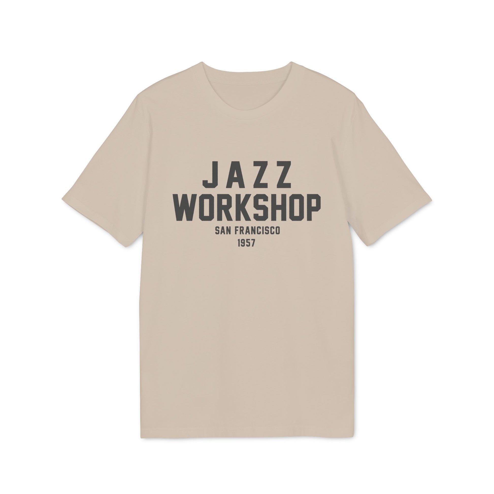 Beige t-shirt with "Jazz Workshop San Francisco 1957" graphic.